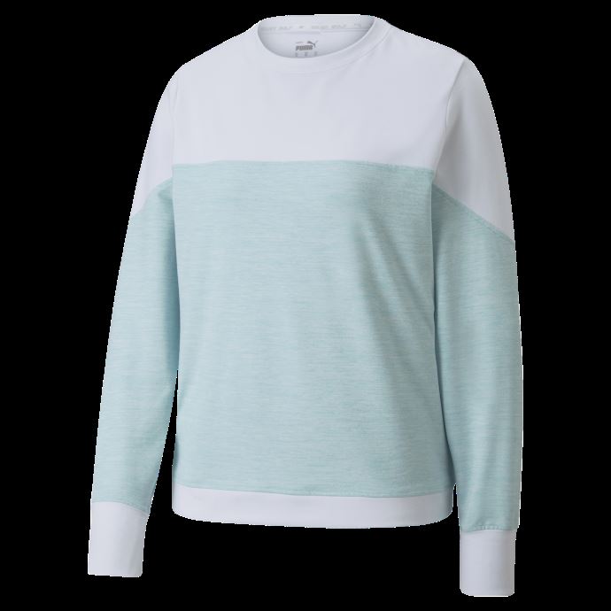 Puma Canada Cloudspun Bloom Sweat-shirt De Golf Pour Femme à Col Rond Bright White-Aqua Heather
